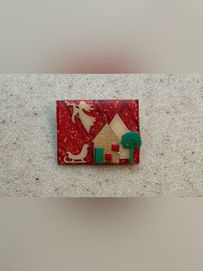 Handcrafted Red Holiday Village Brooch with Festive Accents